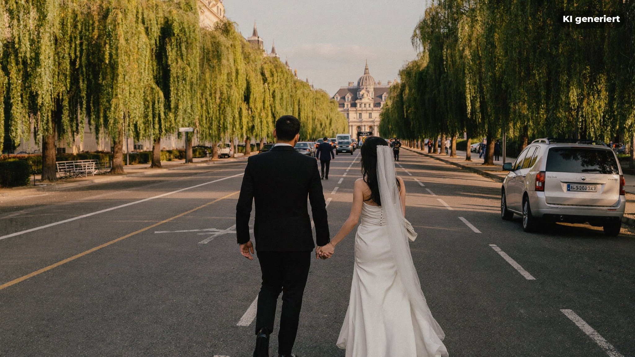 Hochzeitsfotograf Berlin beim Paarshooting auf einem Boulevard mit Lindenbäumen