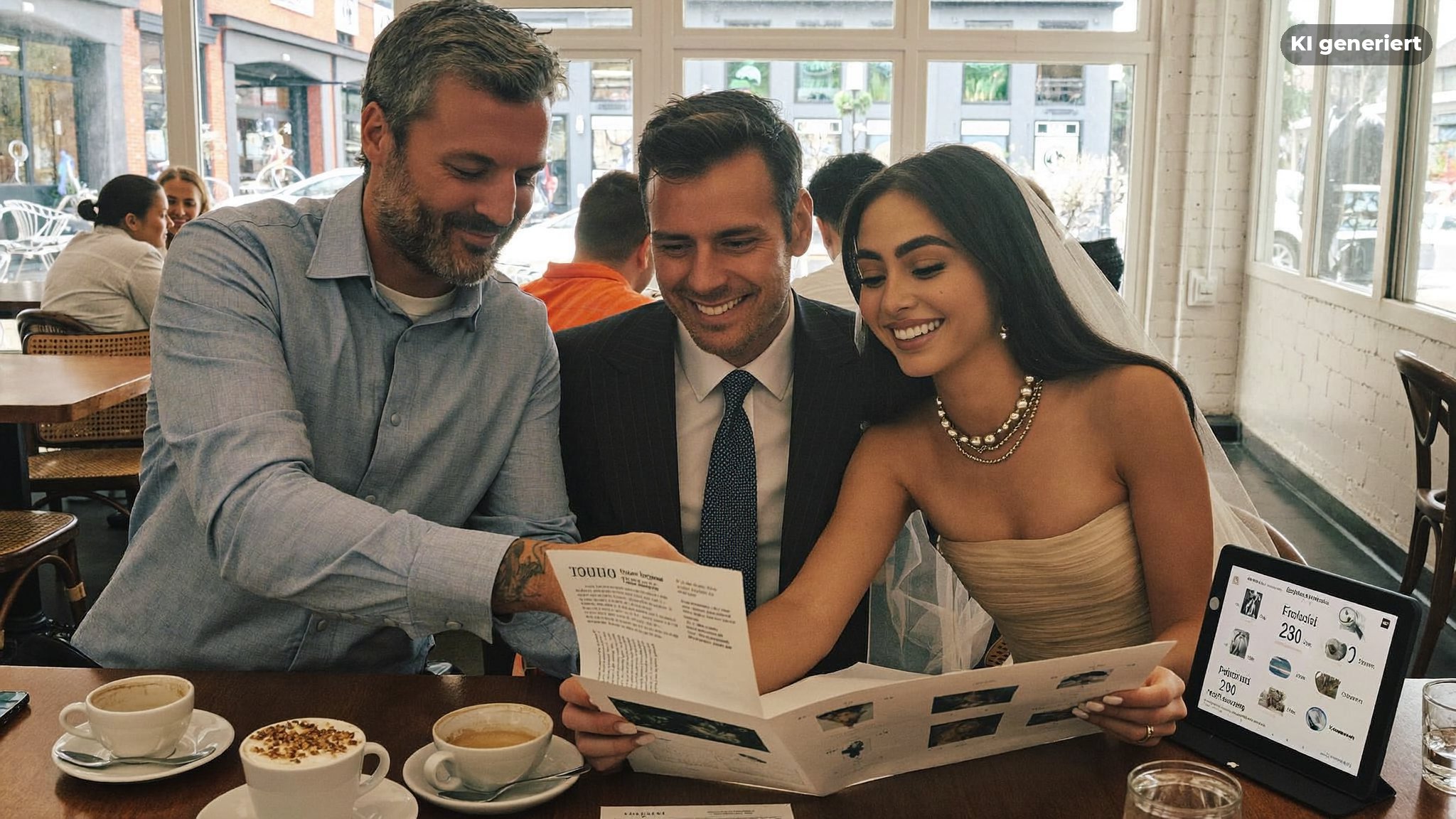 Paar bespricht Hochzeitsfotograf Berlin Preise mit einer Fotografin im Café
