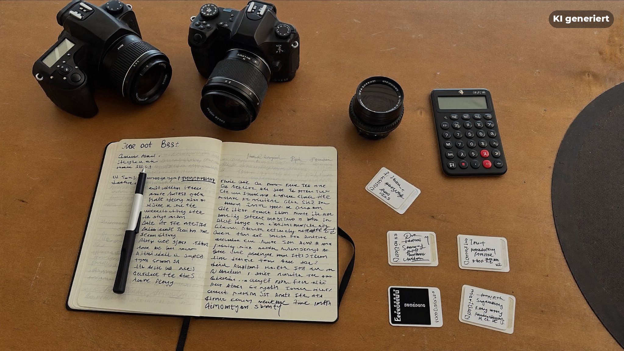 Kameraausrüstung und Notizbuch als Kostenfaktor hinter den Hochzeitsfotograf Berlin Preisen