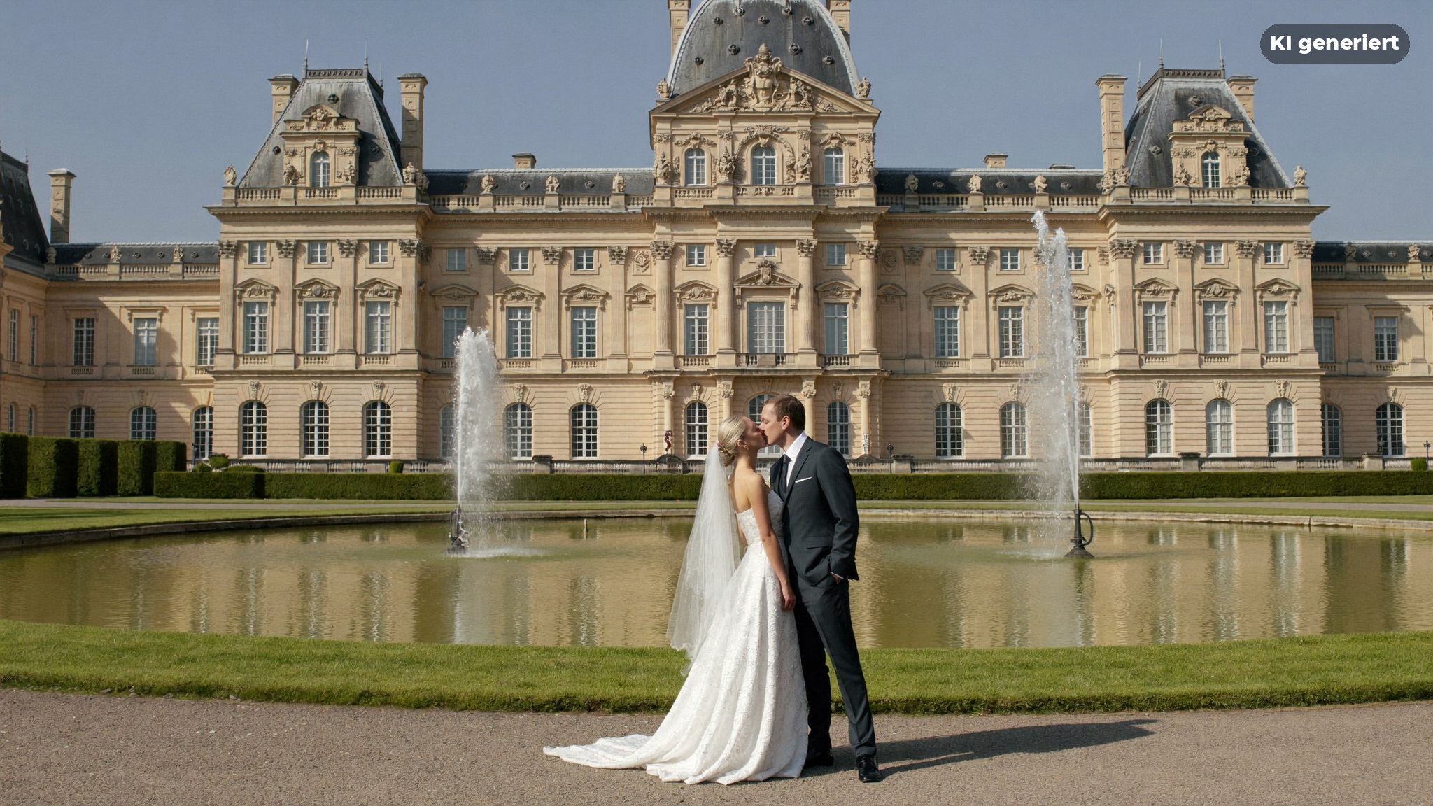 Hochzeitsfotograf Potsdam fotografiert ein Brautpaar vor einem Barockschloss mit Garten