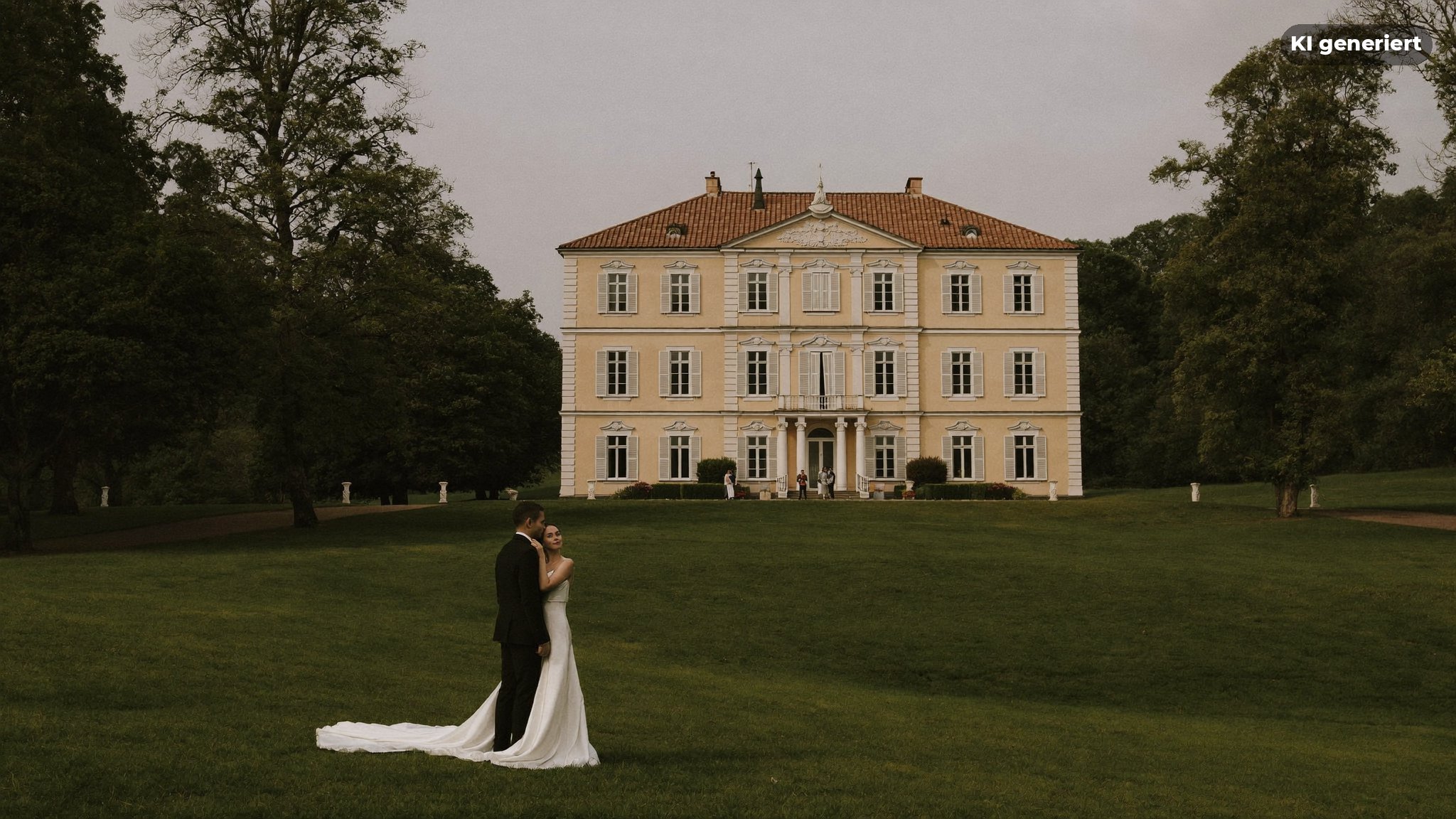 Hochzeitsfotograf Berlin Pankow fotografiert ein Brautpaar vor einem kleinen Barockschloss im Park