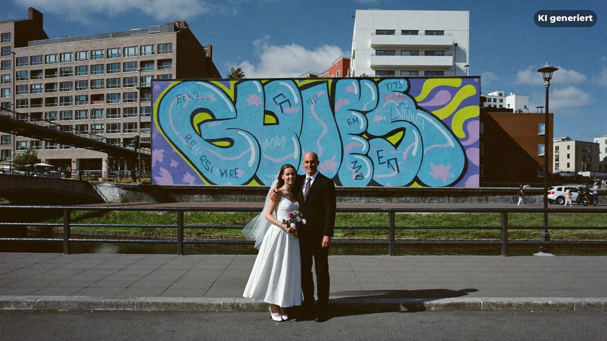 Hochzeitsfotograf Berlin Friedrichshain fotografiert ein Brautpaar vor einer bunten Graffitiwand