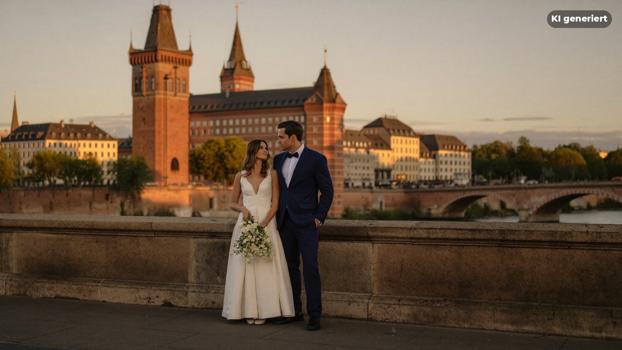 Brautpaar auf der Oberbaumbrücke im Abendlicht, fotografiert in Friedrichshain