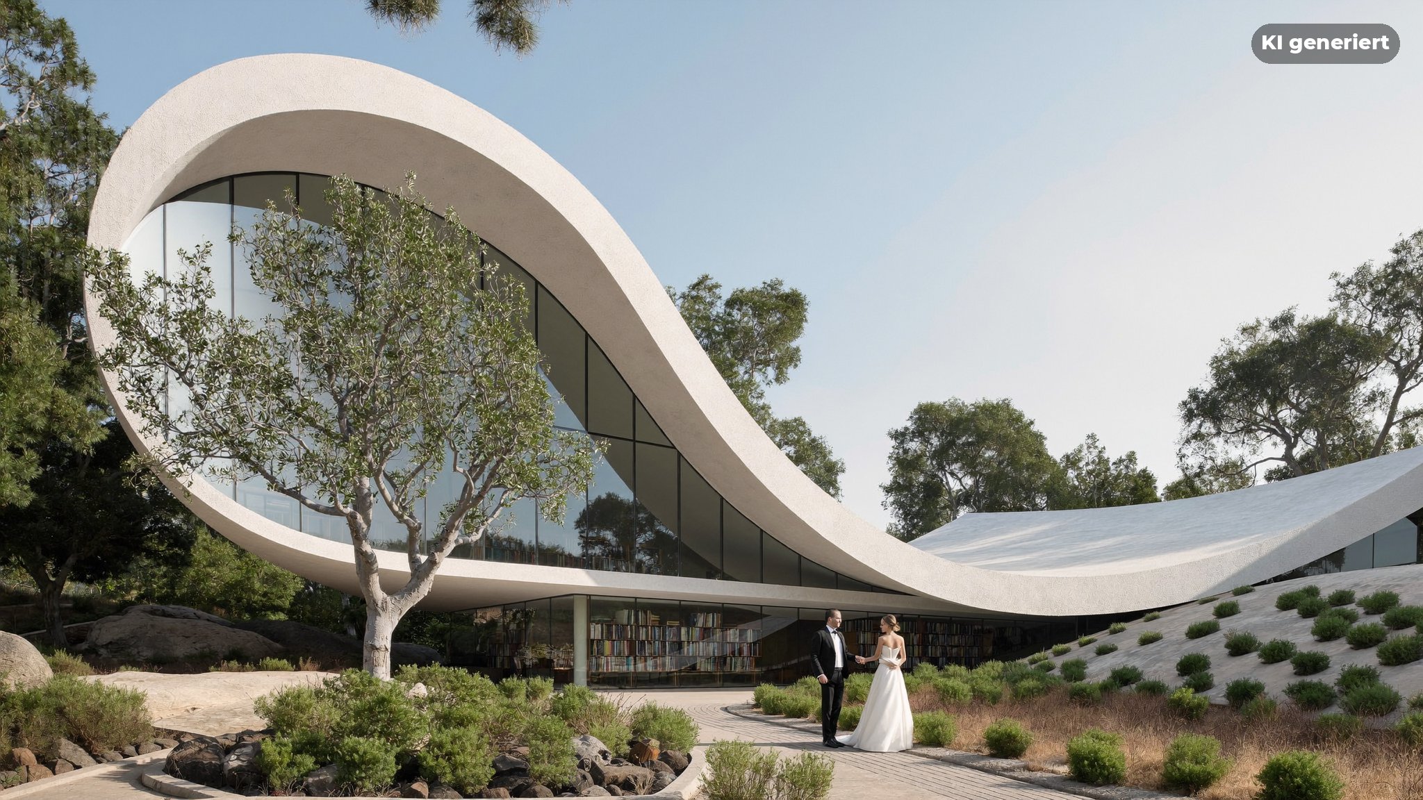 Moderne Bibliotheksarchitektur in Alt-Tegel als Fotospot für Hochzeitsbilder
