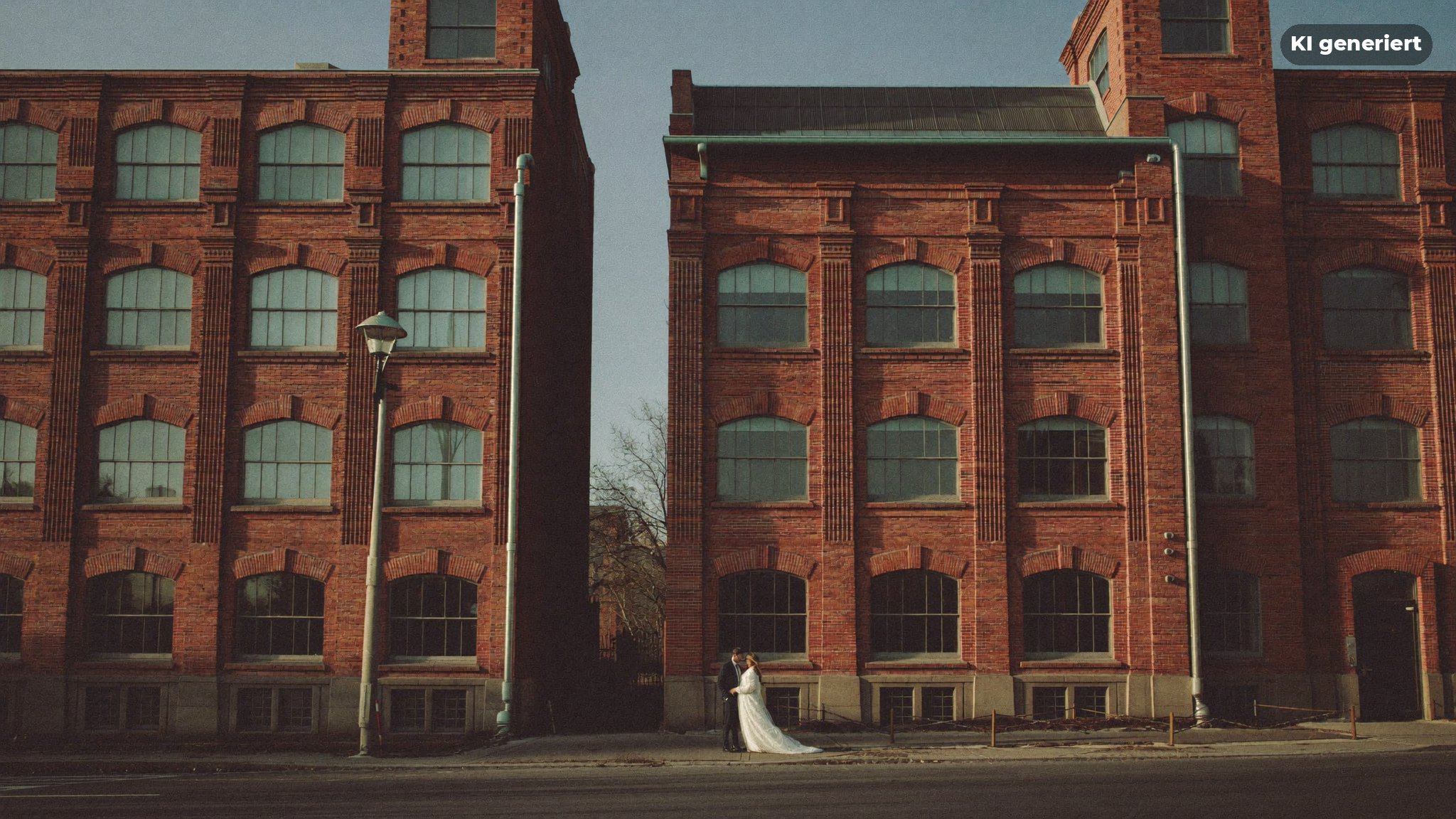 Fotograf Berlin Wedding fotografiert ein Paar vor roten Backsteinfassaden alter Industriegebäude