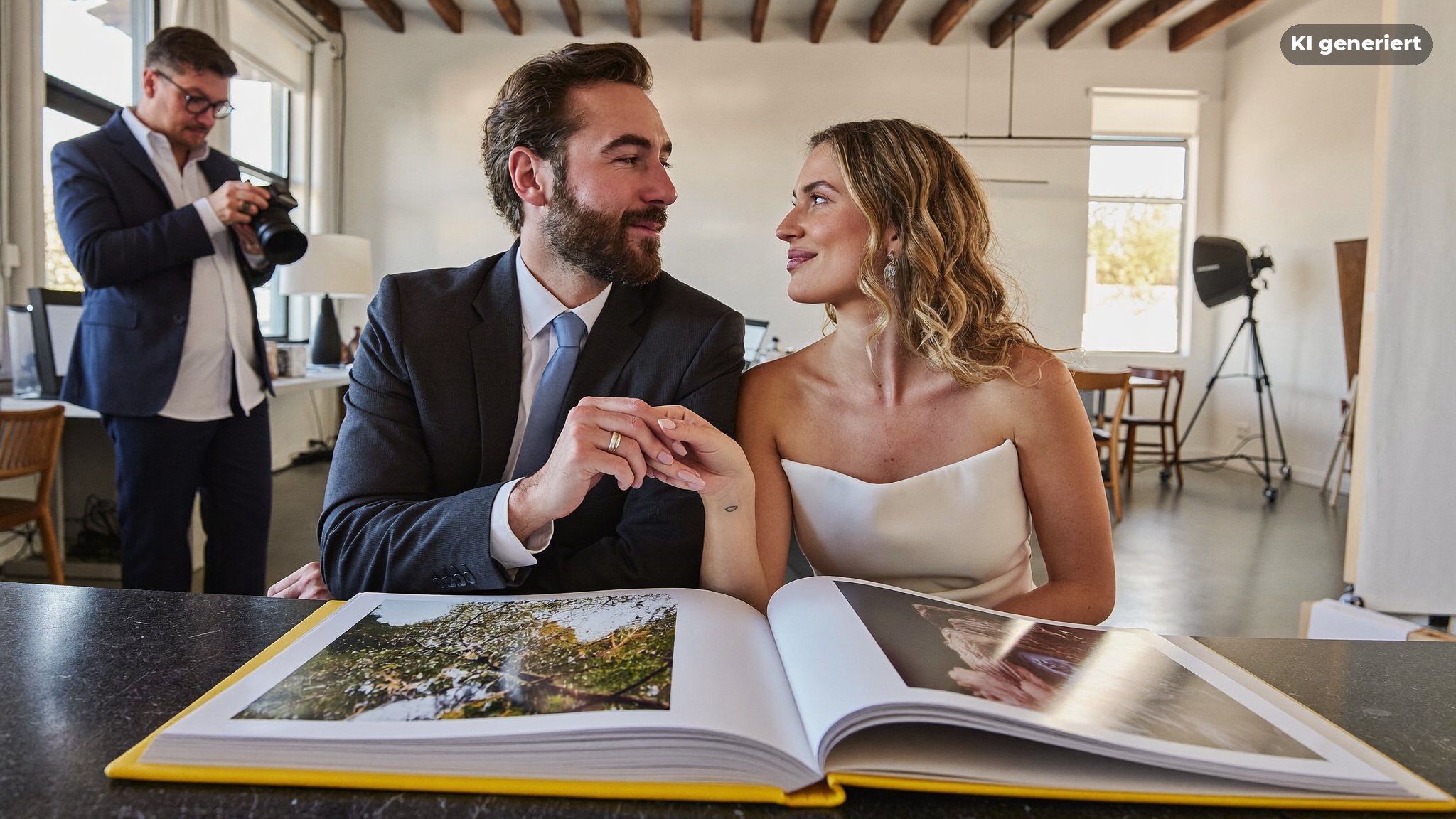 Paar sieht sich Portfolios der besten Hochzeitsfotografen Berlin gemeinsam an