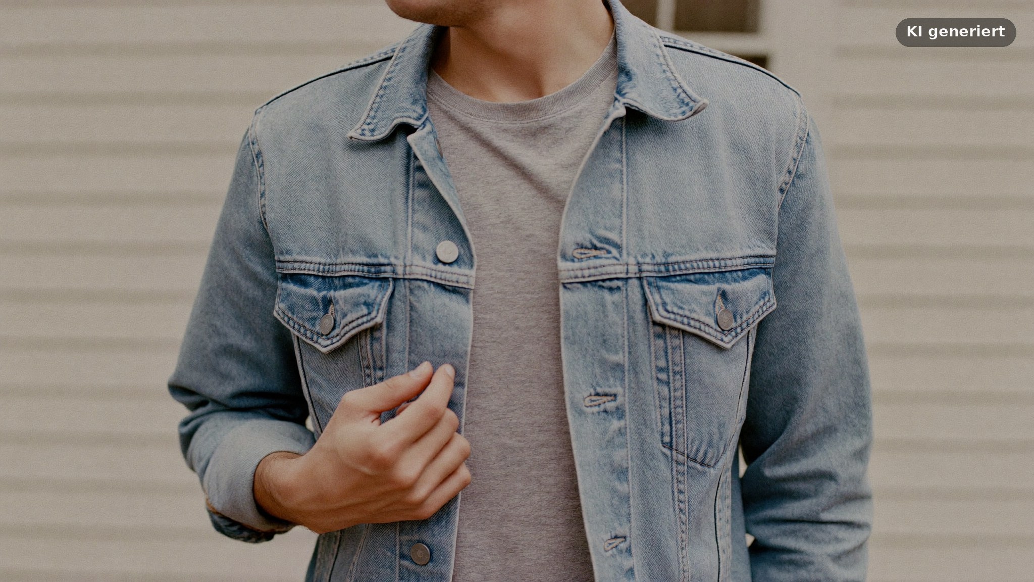 Dating Fotos Outfit Mann im Alltag: Jeansjacke über Shirt vor einer hellen Hauswand