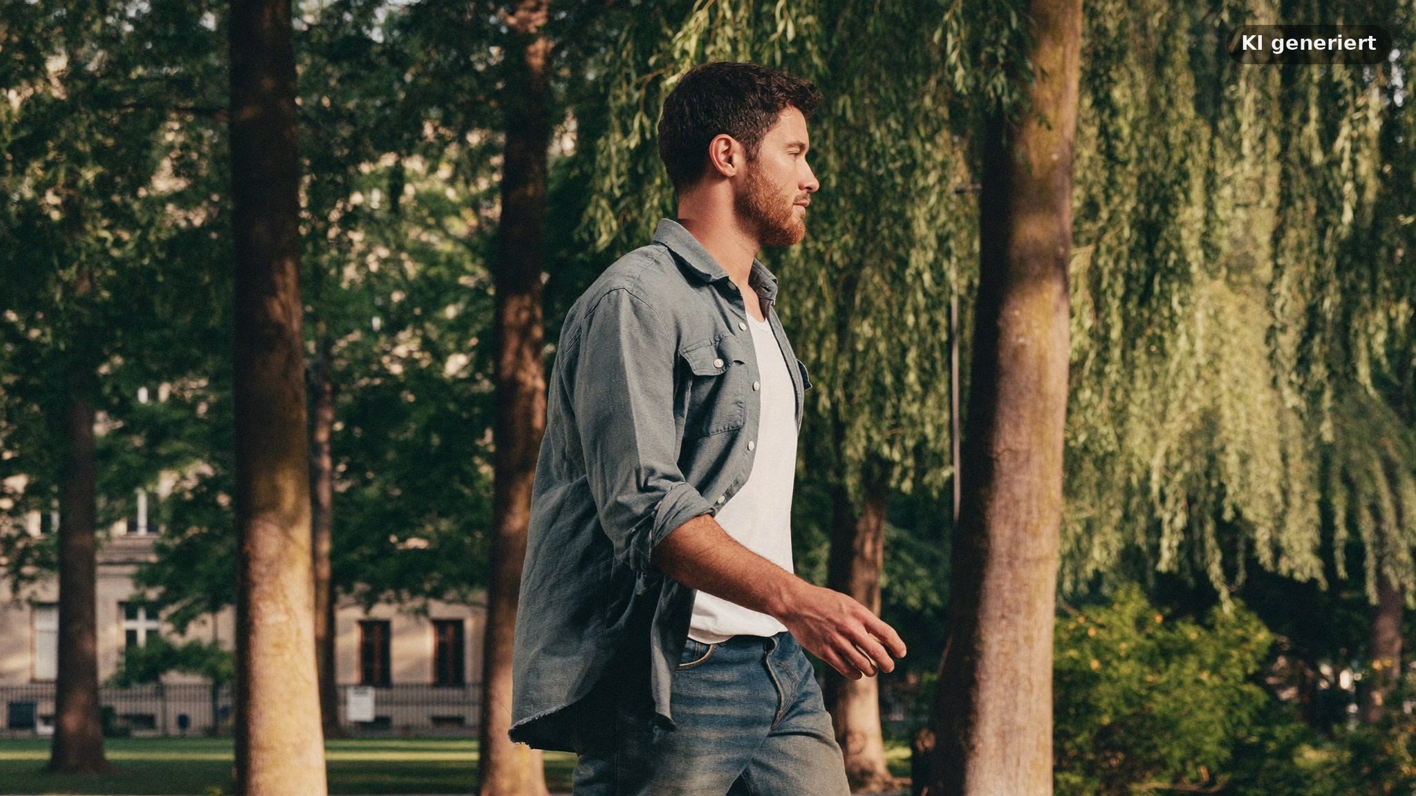 Dating Fotos Köln im Volksgarten: Mann in Bewegung vor Bäumen