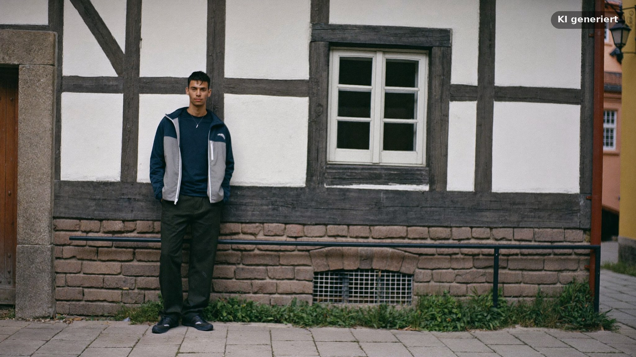 Dating Fotos Nürnberg: Ganzkörperbild eines Mannes vor Fachwerkfassade in der Altstadt