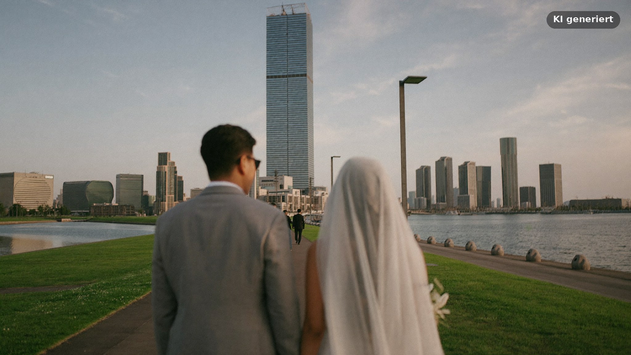 Hochzeitsfotograf Frankfurt am Mainufer mit der Skyline im Hintergrund