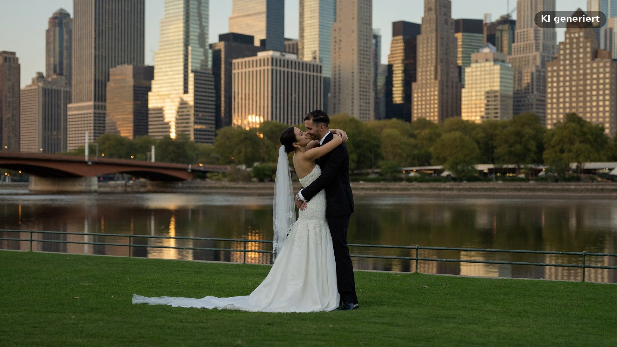 Hochzeitsfotograf Frankfurt Preise: Brautpaar am Mainufer vor der Skyline