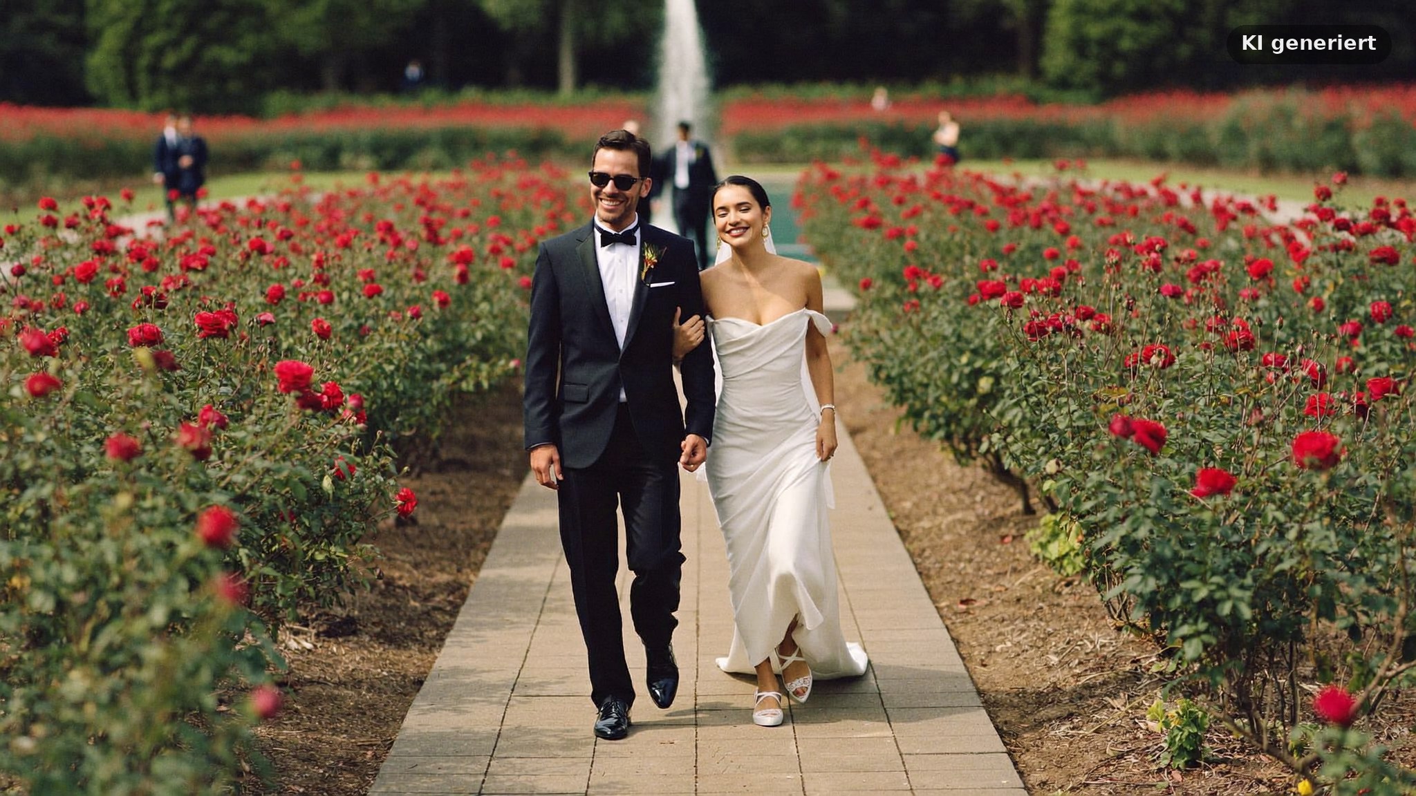 Hochzeitsfotos beim Heiraten im Palmengarten Frankfurt auf den befestigten Wegen des Rosengartens