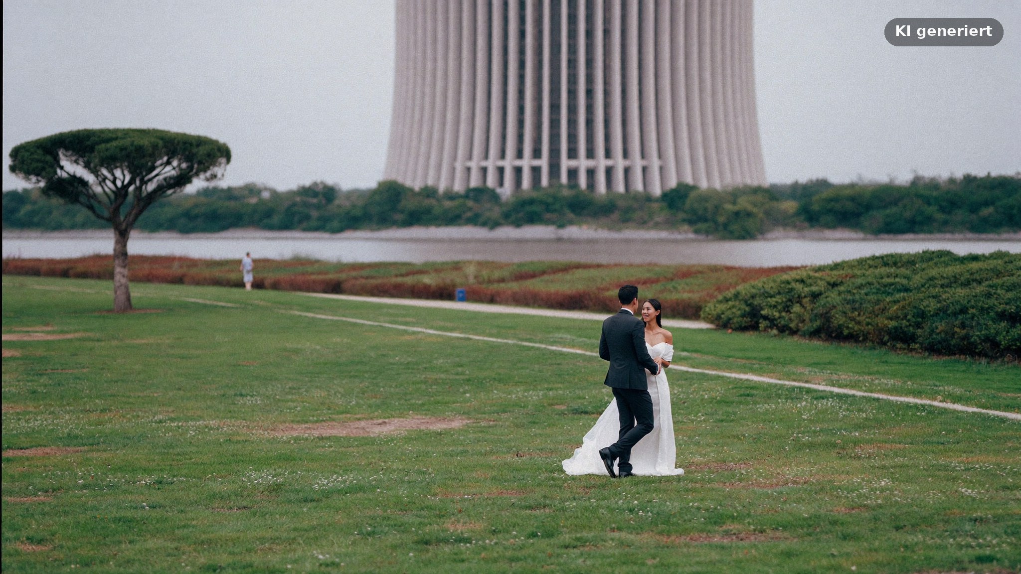 Brautpaar im Hafenpark vor der EZB, fotografiert vom Hochzeitsfotograf Frankfurt Ostend