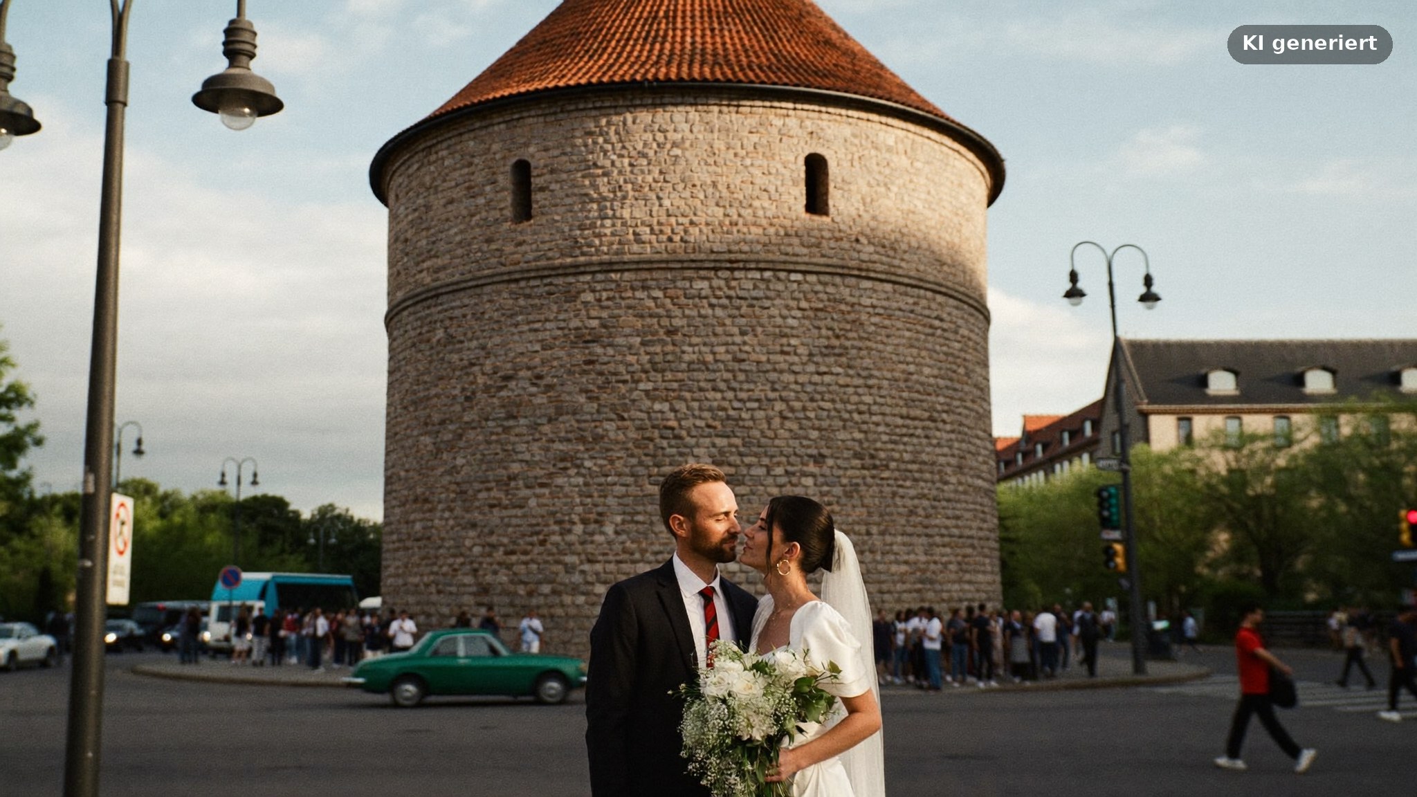 Brautpaar an der Bockenheimer Warte, aufgenommen vom Hochzeitsfotograf Frankfurt Bockenheim