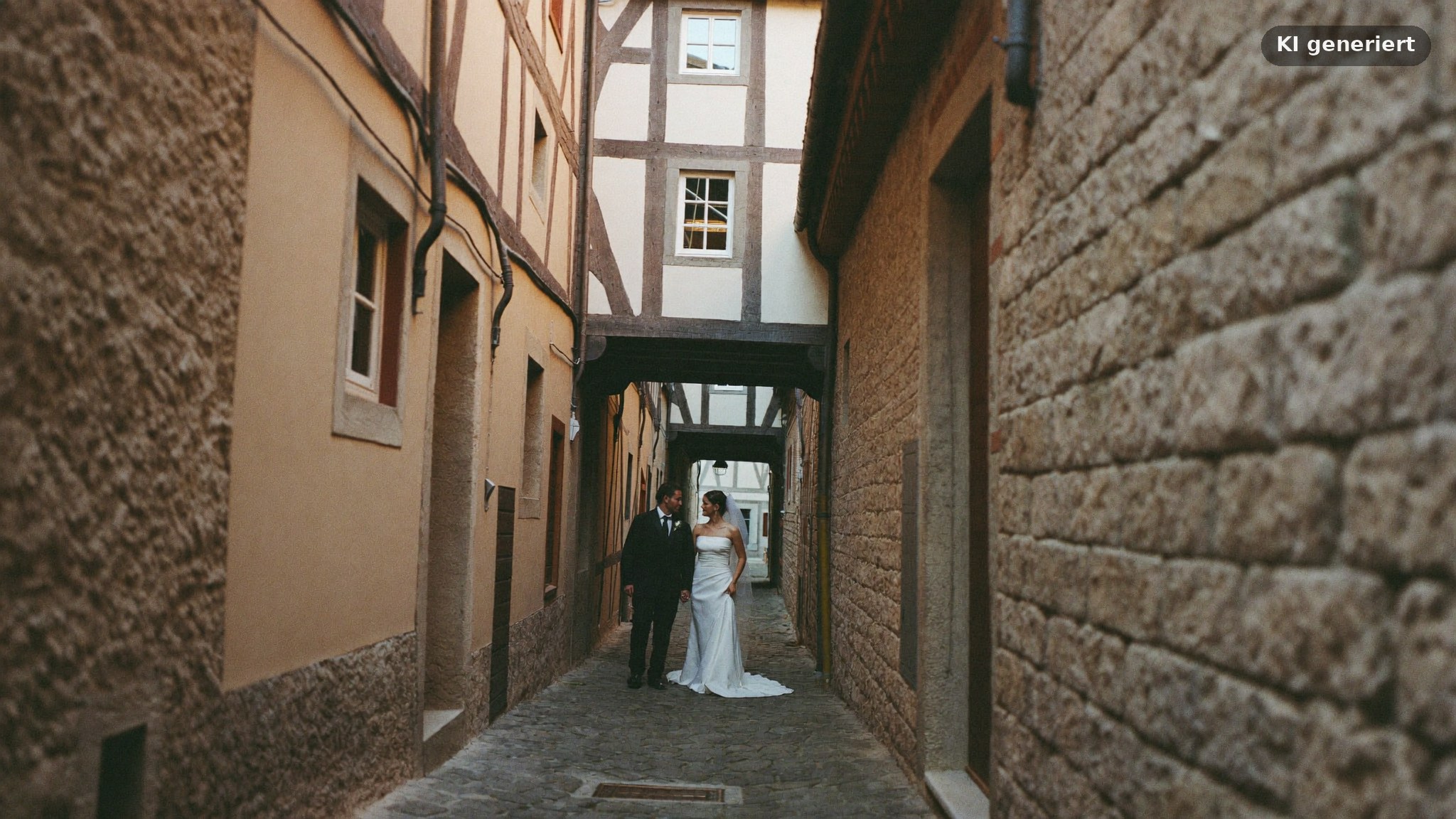 Hochzeitsfotograf Frankfurt Höchst fotografiert ein Paar in den Fachwerkgassen der Altstadt