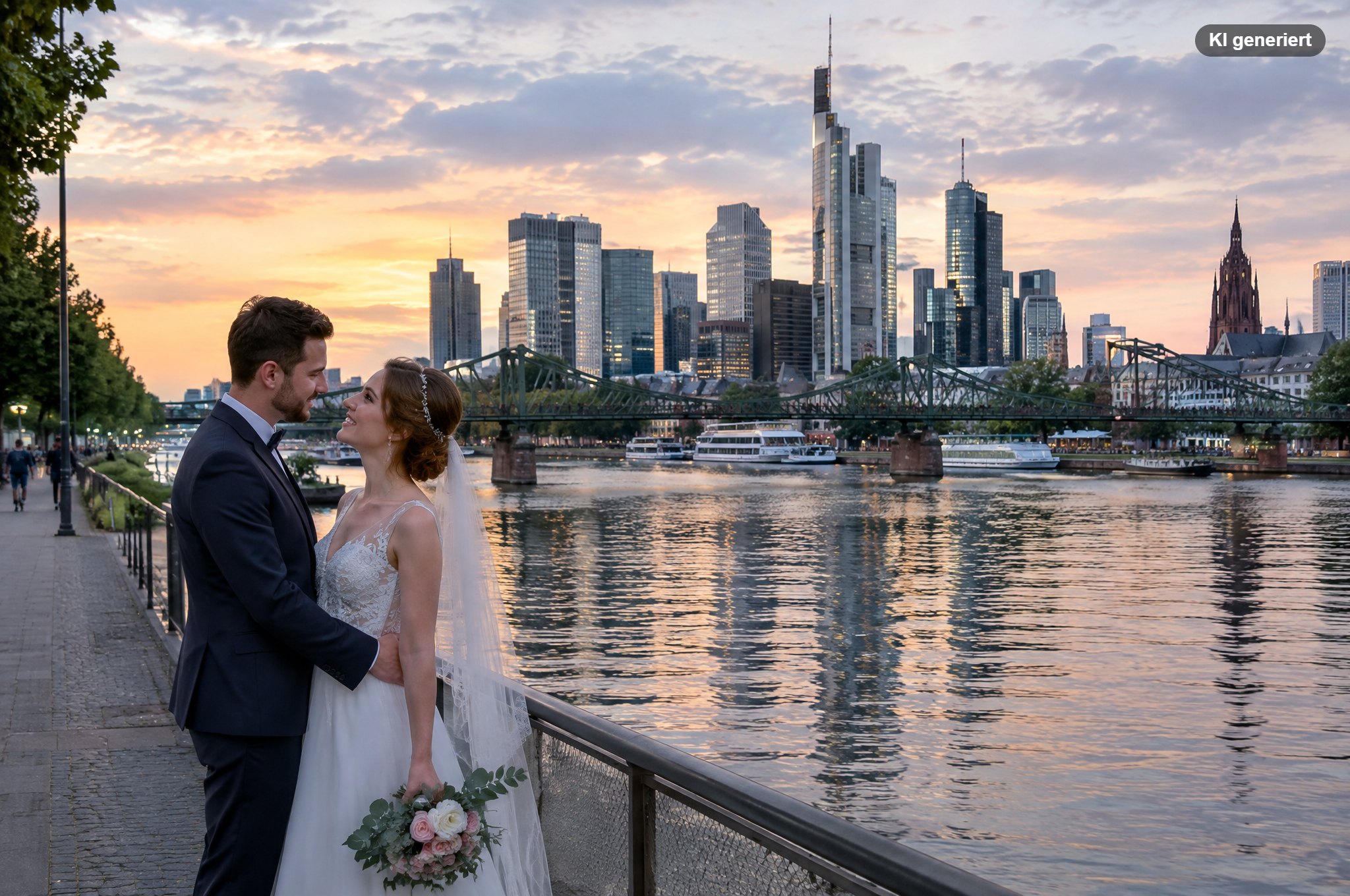 Brautpaar bei Hochzeitsfotos vor der Skyline von Frankfurt am Mainufer