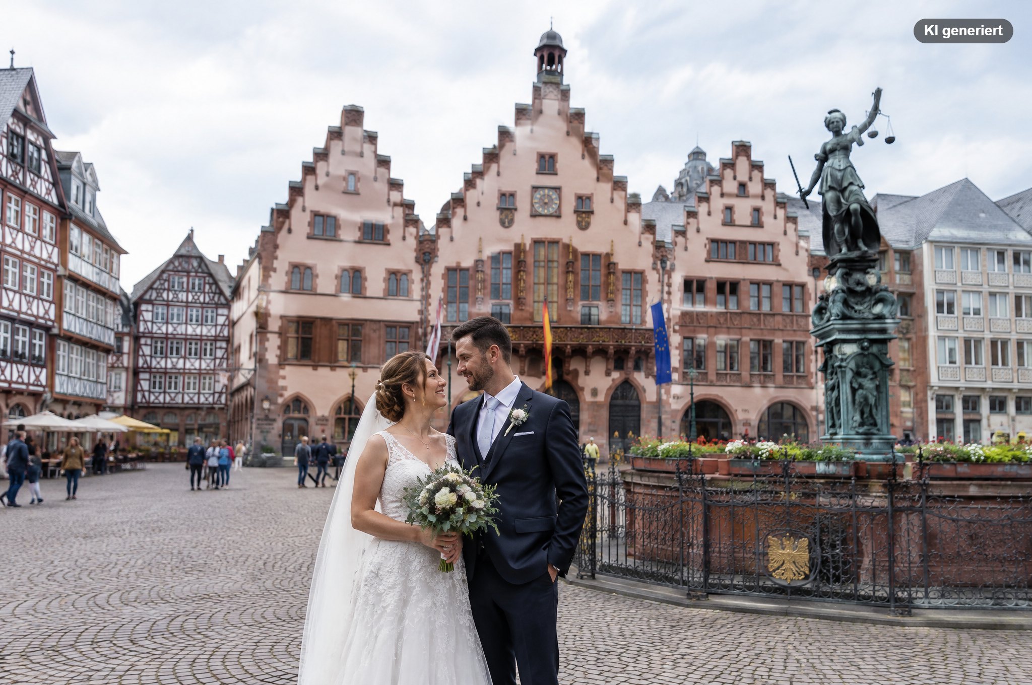 Heiraten im Römer Frankfurt: Brautpaar vor dem Rathaus am Römerberg