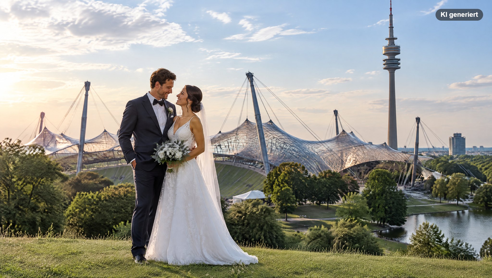 Hochzeitsfotos Olympiapark München mit dem Zeltdach im Hintergrund