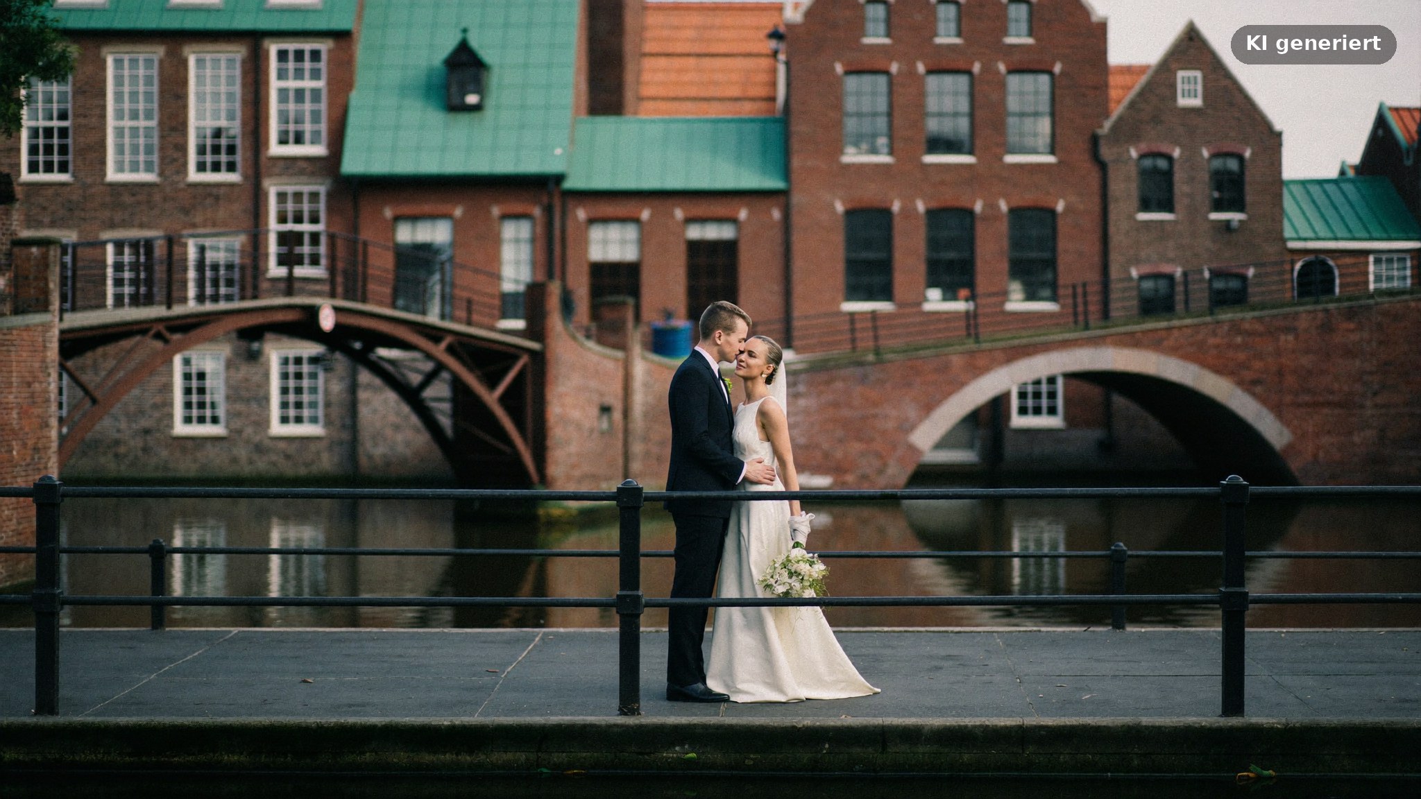 Hochzeitsfotograf Hamburg fotografiert ein Brautpaar an einem Fleet in der Speicherstadt