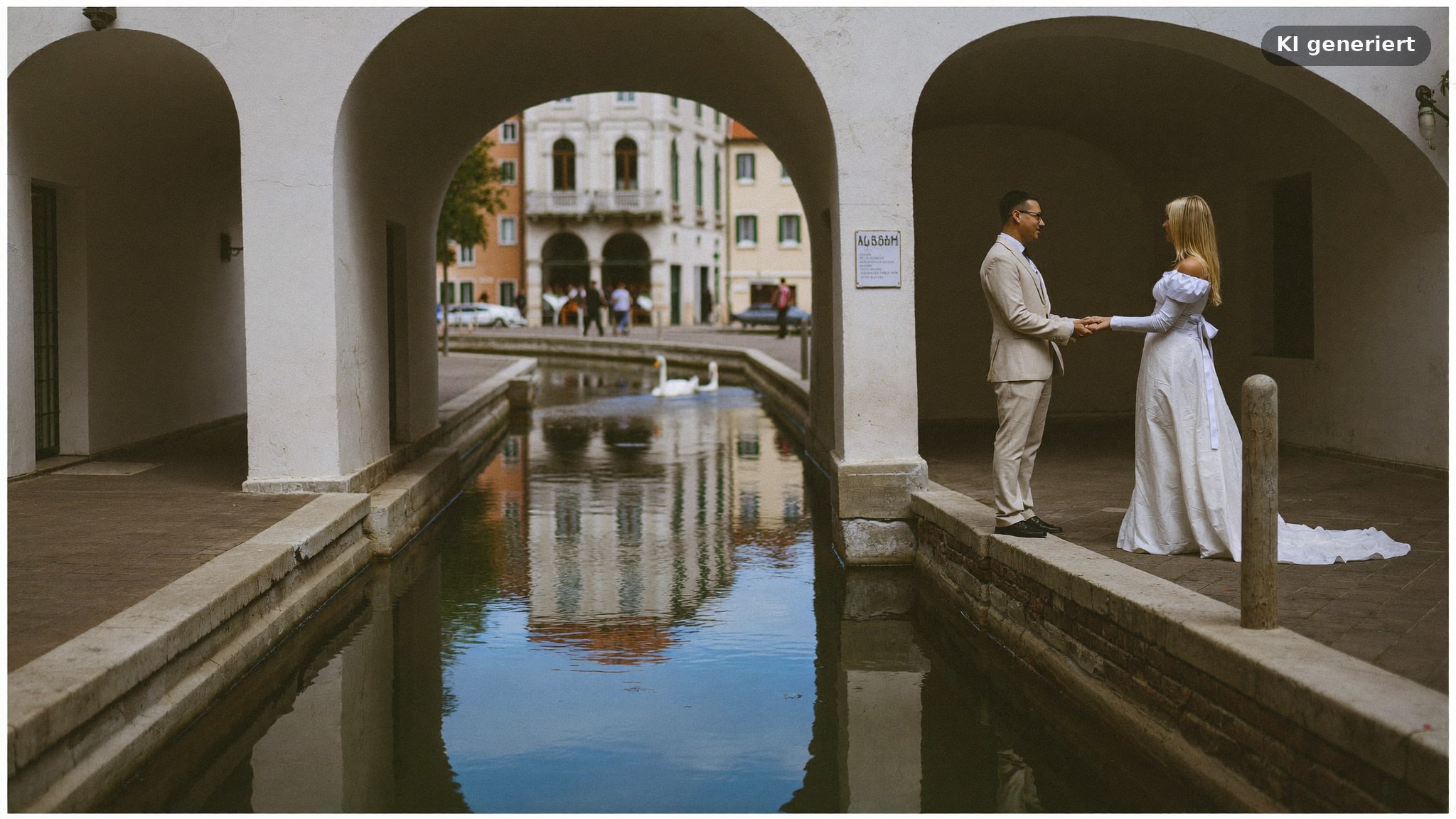 Hochzeitspaar vor den Alsterarkaden am Hamburger Rathaus an der Kleinen Alster