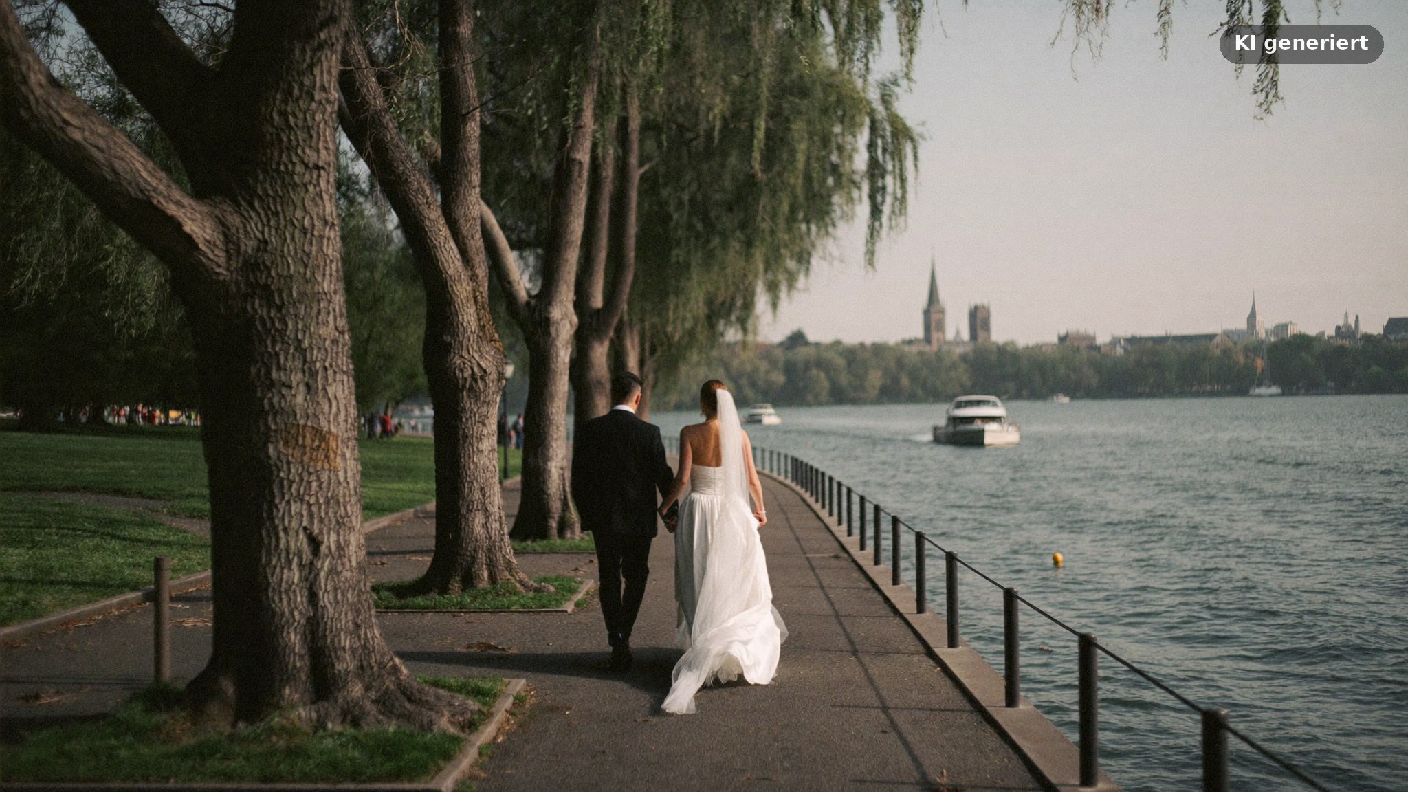 Heiraten an der Alster: Brautpaar am Uferweg der Außenalster mit Blick auf die Hamburger Skyline