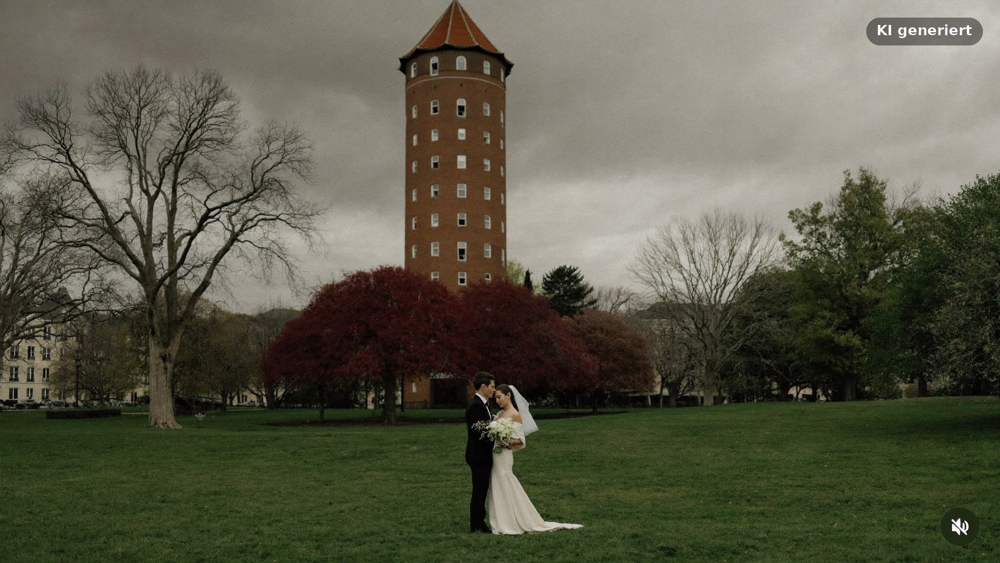 Heiraten an der Alster: Hochzeitspaar im Hamburger Stadtpark vor dem Wasserturm