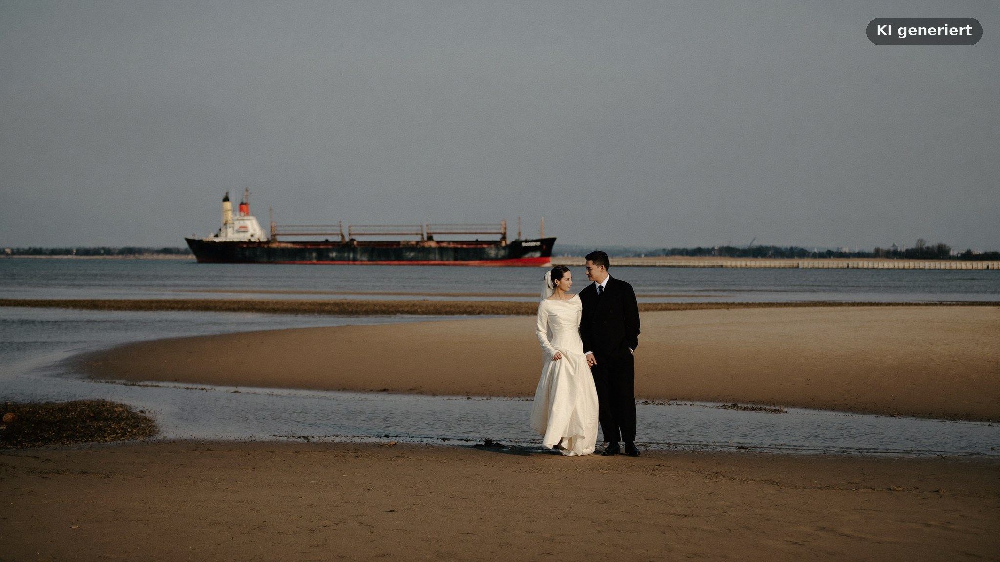 Hochzeitsfotos in Blankenese am Elbstrand bei Niedrigwasser mit Containerschiff