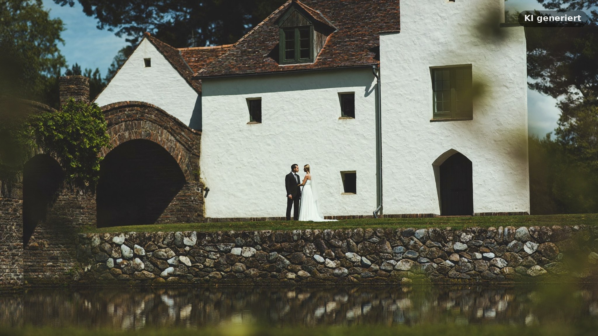 Hochzeitsfotograf Bergedorf: Brautpaar vor dem Schloss Bergedorf mit Wassergraben