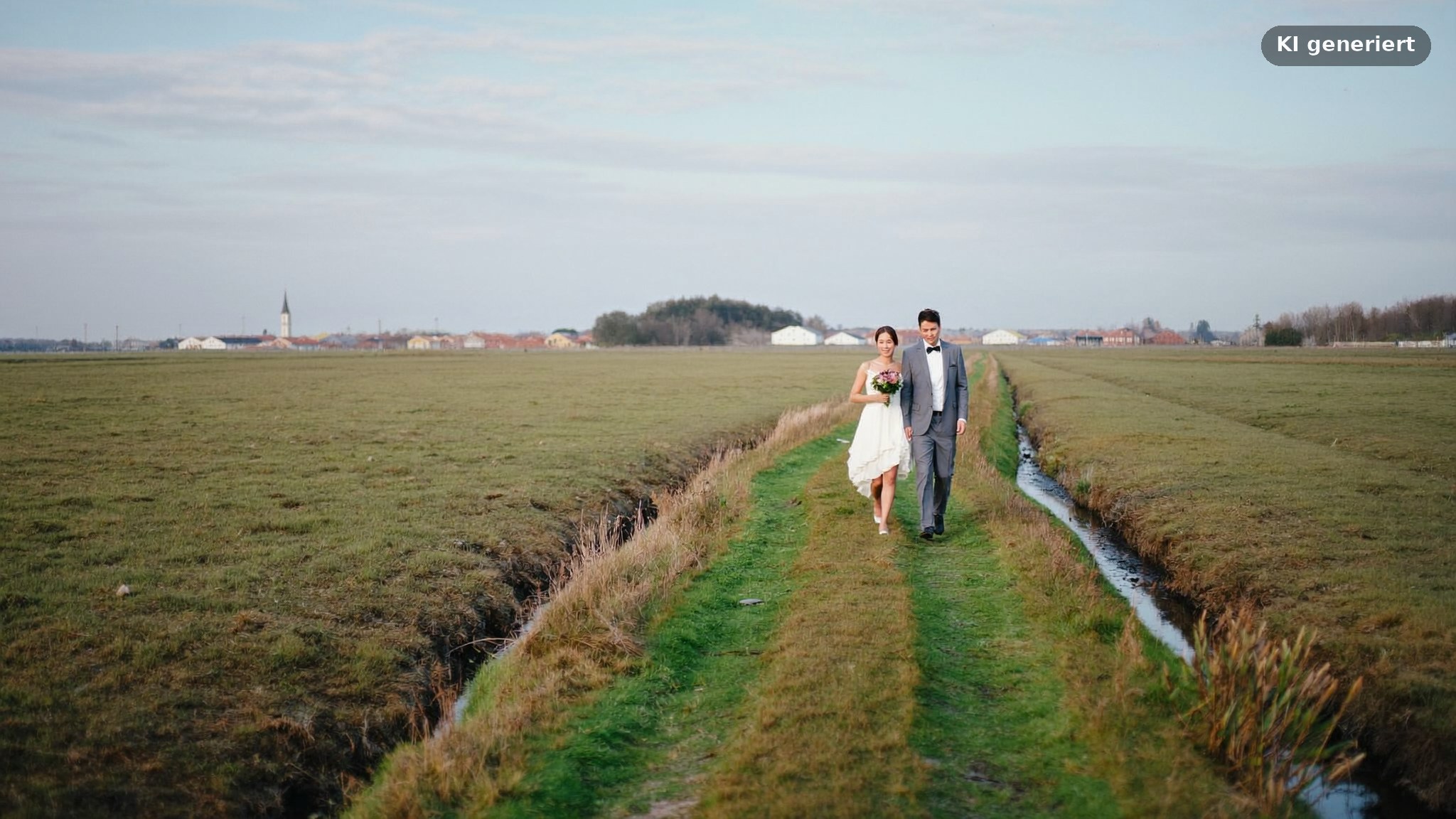 Hochzeitsfotograf in Bergedorf fotografiert ein Paar auf einem Deichweg in den Vierlanden