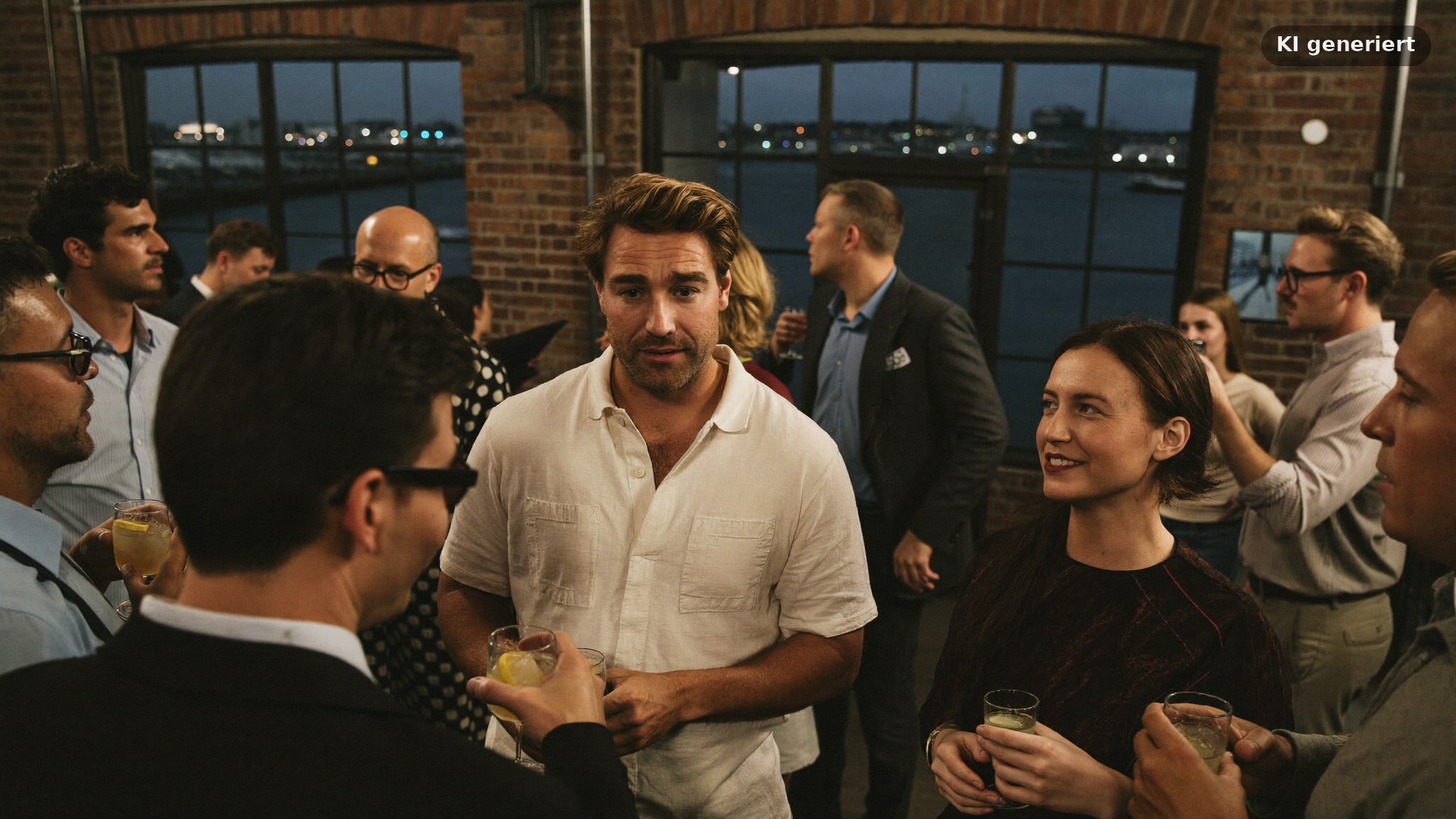 Eventfotografie Hamburg: Gäste einer Firmenfeier in einer Hafenlocation am Abend