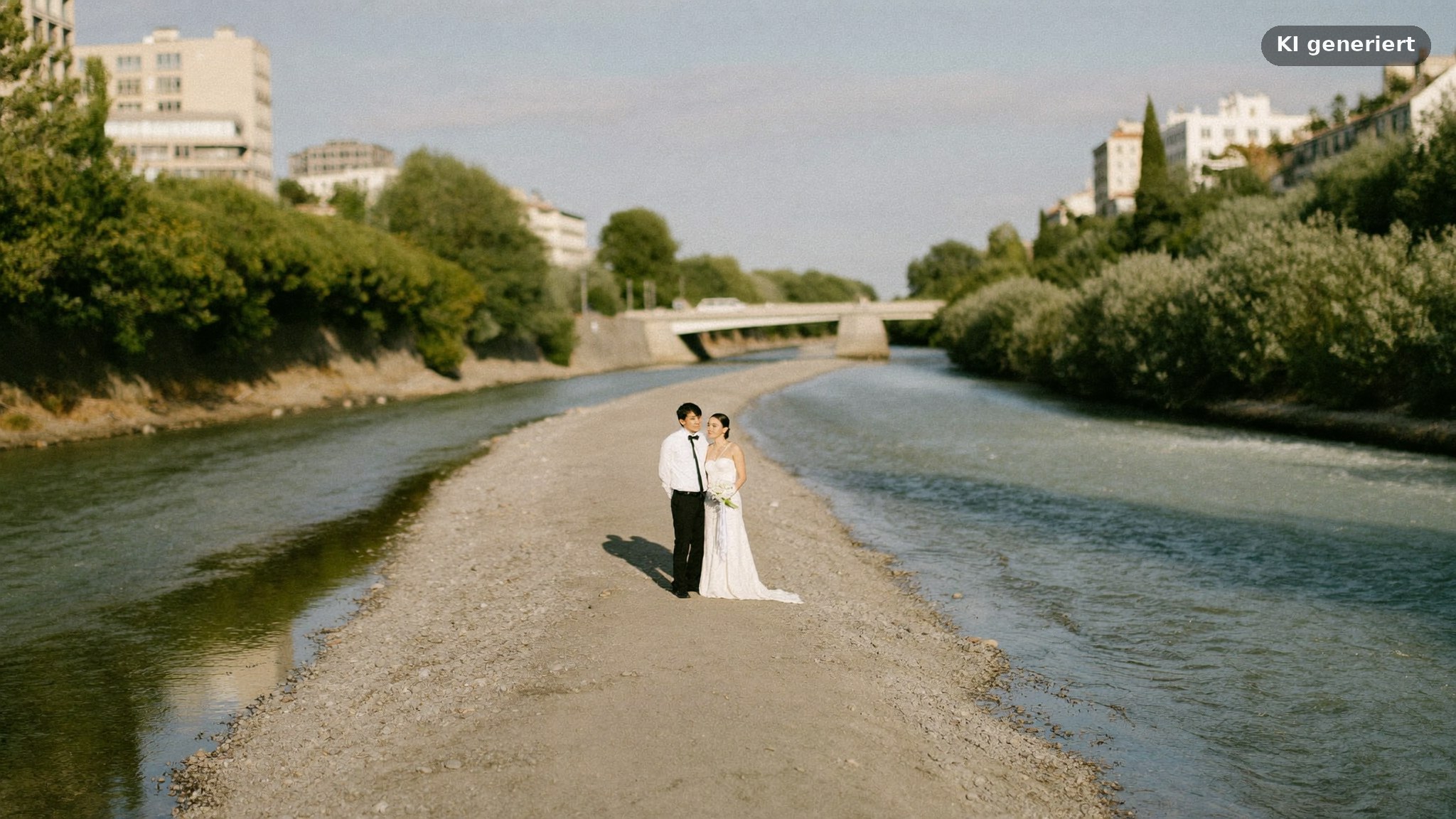 Hochzeitsfotograf München beim Paarshooting an der Isar mit Kiesbank