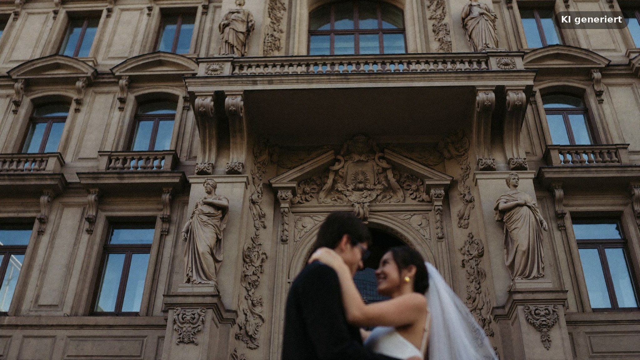 Heiraten im Neuen Rathaus München: Brautpaar vor der neugotischen Rathausfassade am Marienplatz