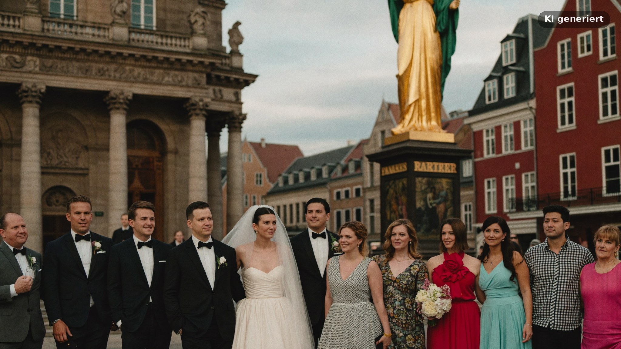 Heiraten im Neuen Rathaus München: Gruppenfoto der Hochzeitsgesellschaft am Rathaus und der Mariensäule