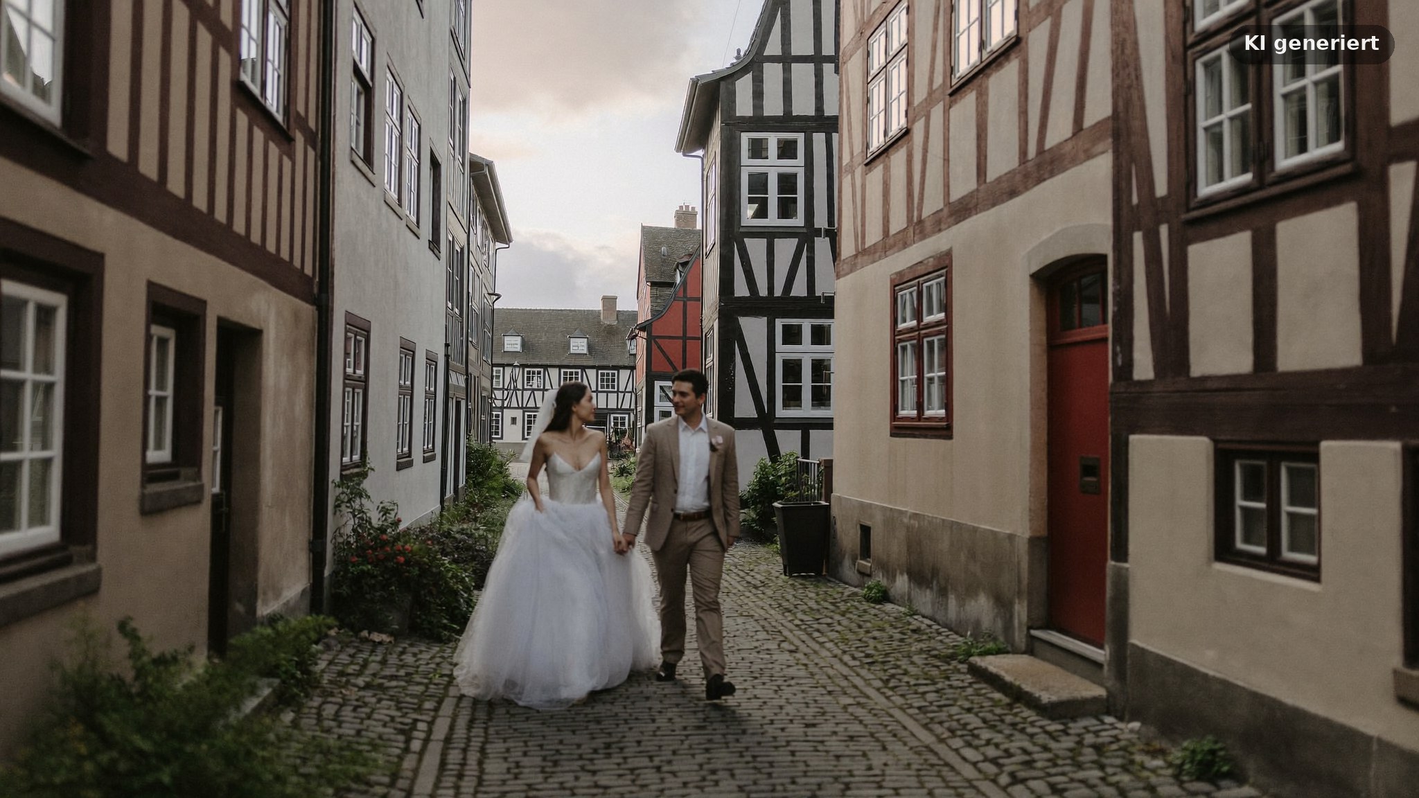 Brautpaar am Marktplatz vor St. Marien, begleitet von einem Hochzeitsfotografen in Osnabrück