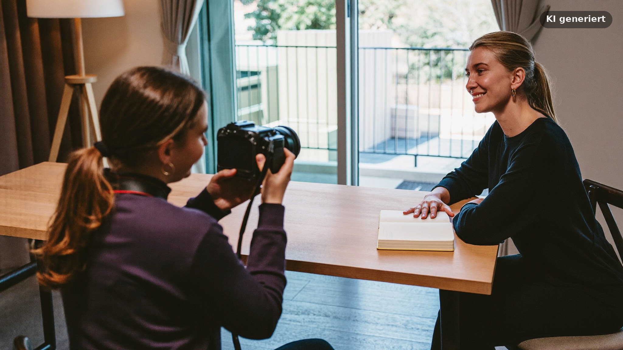 Portraitshooting Preise besprechen: Fotograf und Kundin im Gespräch am Tisch