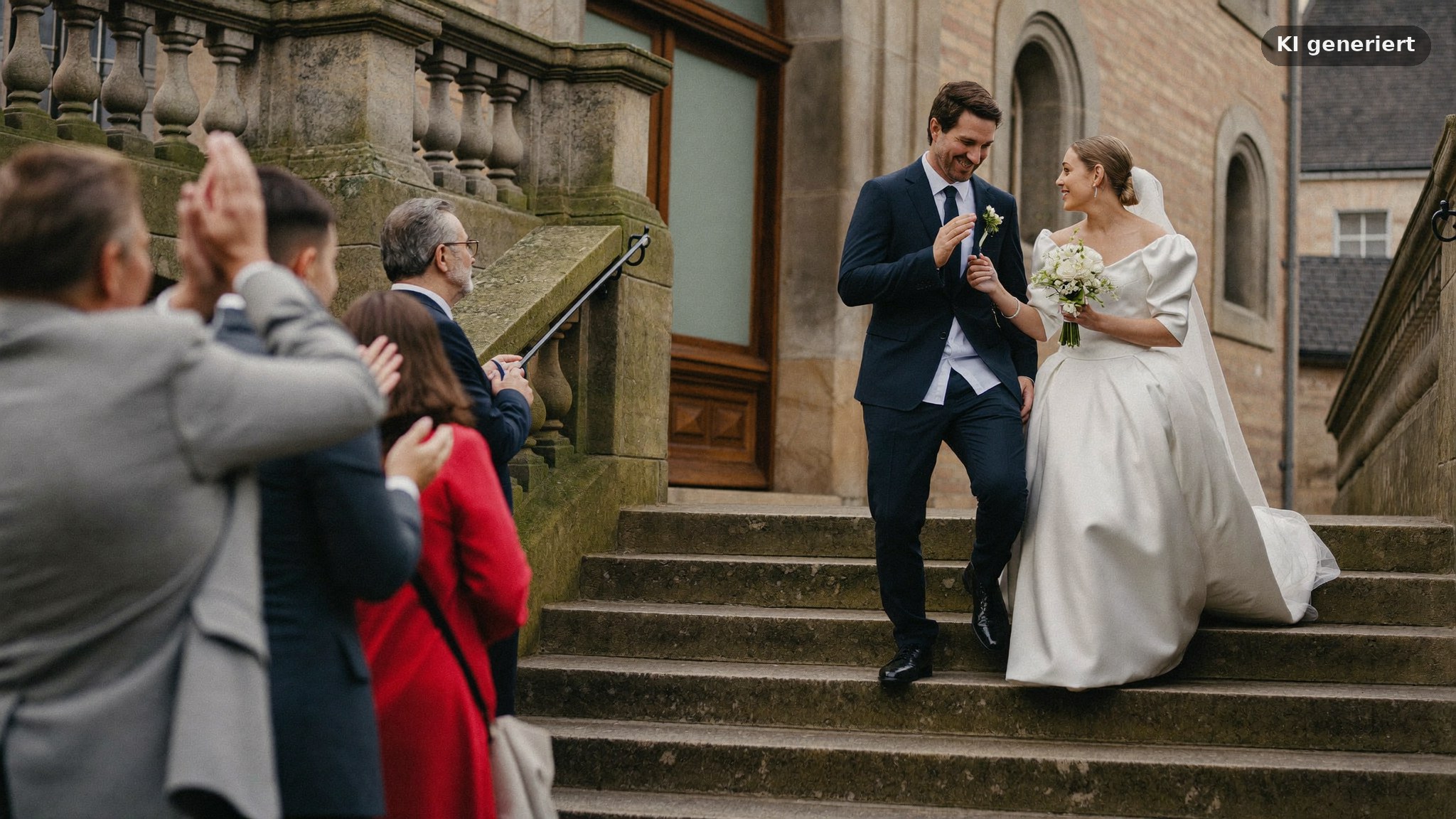 Gratulation vor dem Rathaus nach dem Heiraten im Rathaus Würzburg