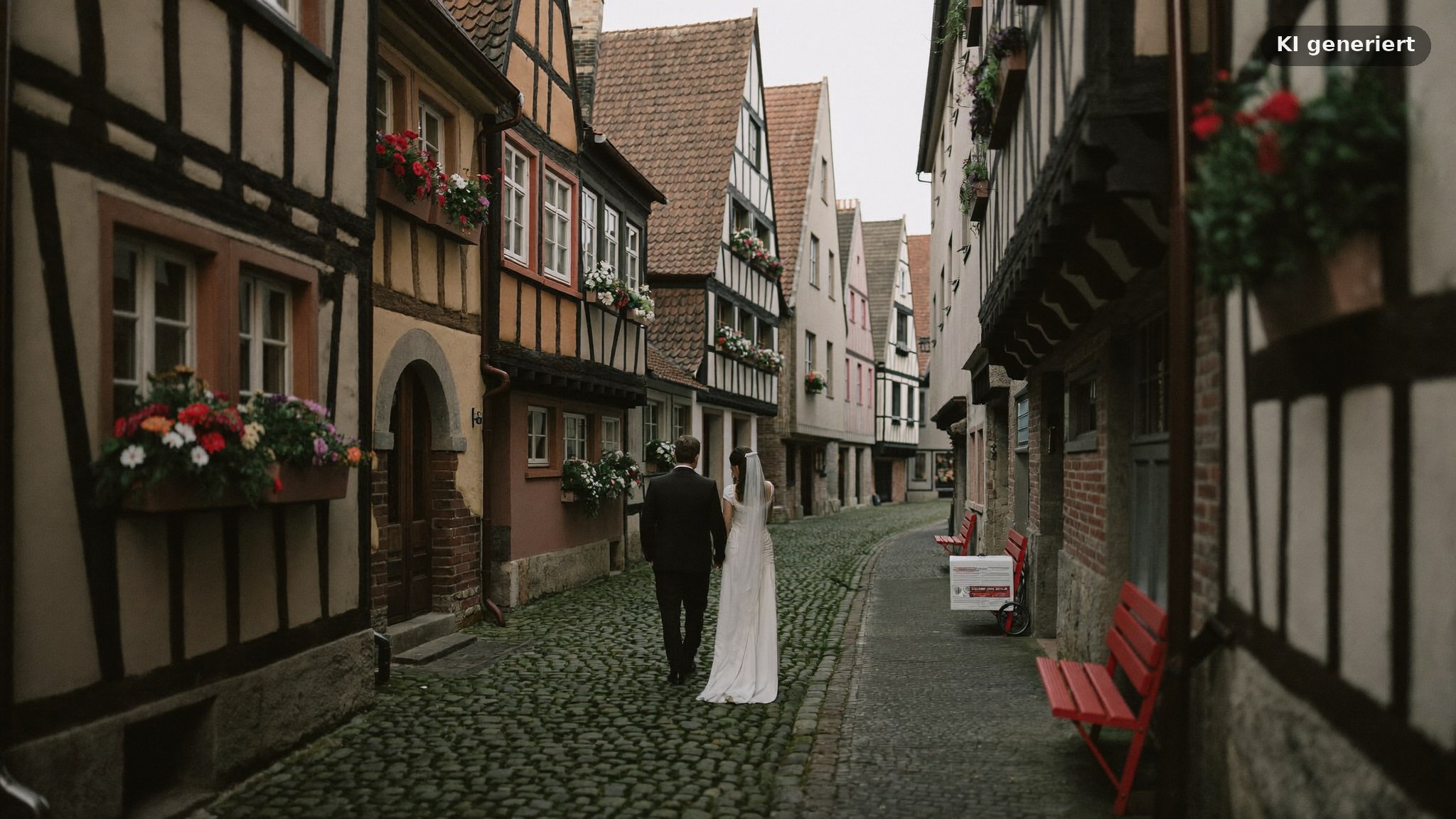 Brautpaar in einer Gasse im Altort, typisches Motiv für einen Hochzeitsfotograf Würzburg Heidingsfeld