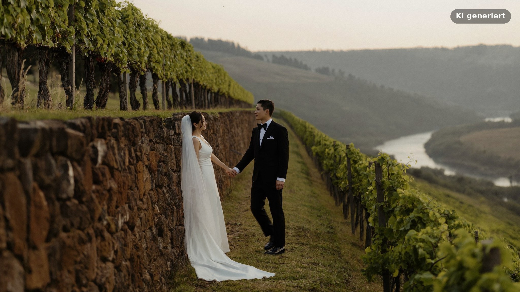 Brautpaar in den Weinbergen über dem Main, Motiv für einen Hochzeitsfotograf Randersacker